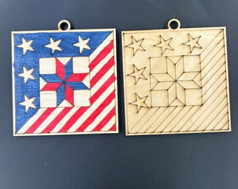 Birch Barn Quilt Ornament, Laser Engraved, DIY Craft