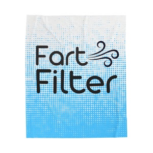 May include: A white and blue throw blanket with a white background and a blue gradient pattern of dots. The text "Fart Filter" is printed in black with a black swirl design next to the word "Fart".
