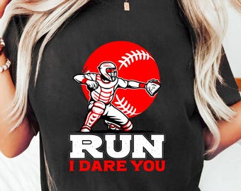 Run I Dare You honkbal T-shirt, grappig sport-T-shirt voor catcher speler, honkbal moeder vader shirt, uniseks cadeau, verjaardagscadeau top VS