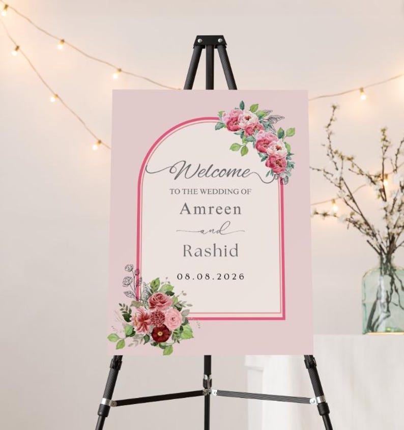 Pink and Red Floral Wedding Welcome Sign Canva Template : Editable ...