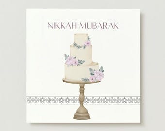 May include: A three-tiered cake with floral decorations, presented on a decorative stand. The cake features light pink flowers and foliage. The words "NIKKAH MUBARAK" are written at the top of the image.