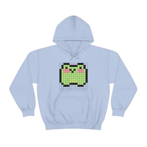 Pixel Frog Froggy Frogger Cute Adorable Froggie Kawaii Anime White Blue Sports Grey Unisex Heavy Blend Hooded Sweatshirt