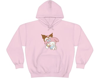Sudadera con capucha japonesa unisex Cute Kawaii K Cute + My Pink Bunny Back, adorable, color morado claro y rosa, suave y ligera, estilo perrito/cachorro Gyaru