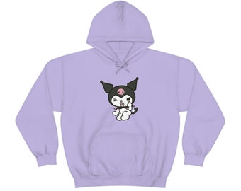 Sudadera con capucha japonesa Kawaii unisex, adorable suéter morado claro, sudadera con capucha suave y ligera, conejo blanco y negro, conejito, gato, gatito, perro