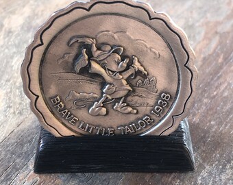Vintage 1980s Mickey Mouse 'Brave Little Tailor' Pewter Plate with Stand