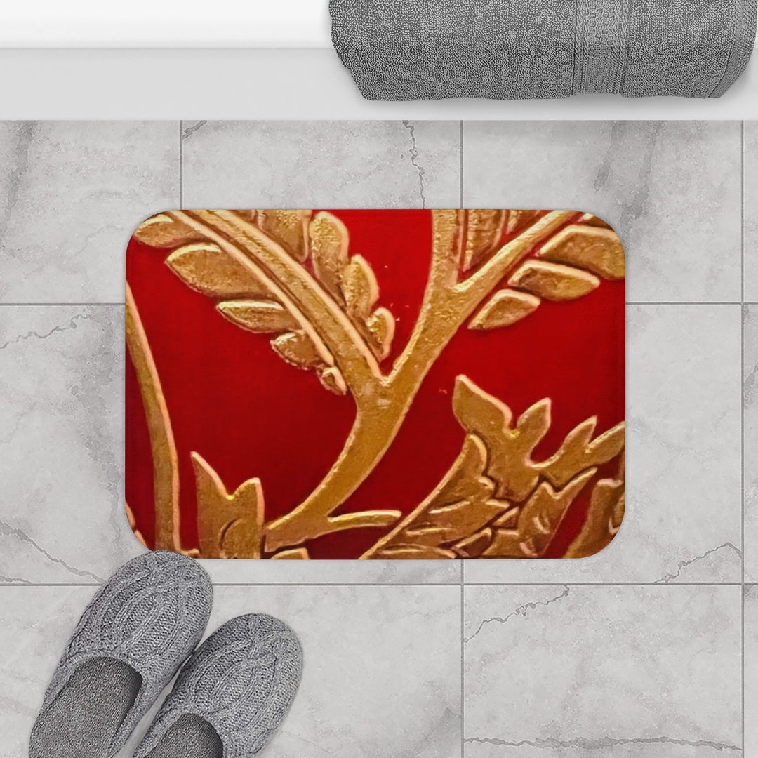 Royal Red Bathroom Mat, Gold Leaf Bath Mat, Art Deco Design Bathroom ...