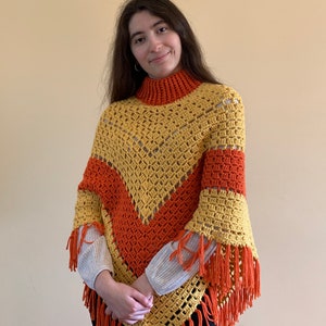 Crocheted Orange Yellow Poncho for Winter Season (One Size Fits Most)