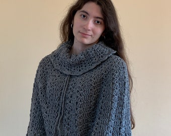 Crocheted Gray Poncho for Winter Season (One Size Fits Most)