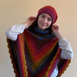 Crocheted Rainbow Poncho and Beanie Set for Winter Season (One Size Fits Most)
