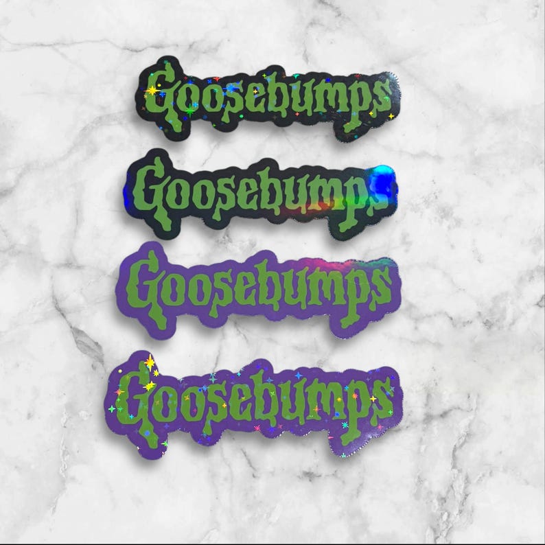 May include: Four rectangular stickers featuring the word Goosebumps in a stylized green font. The top and bottom stickers have a holographic finish with small star accents, while the middle two stickers feature solid green lettering on dark backgrounds.