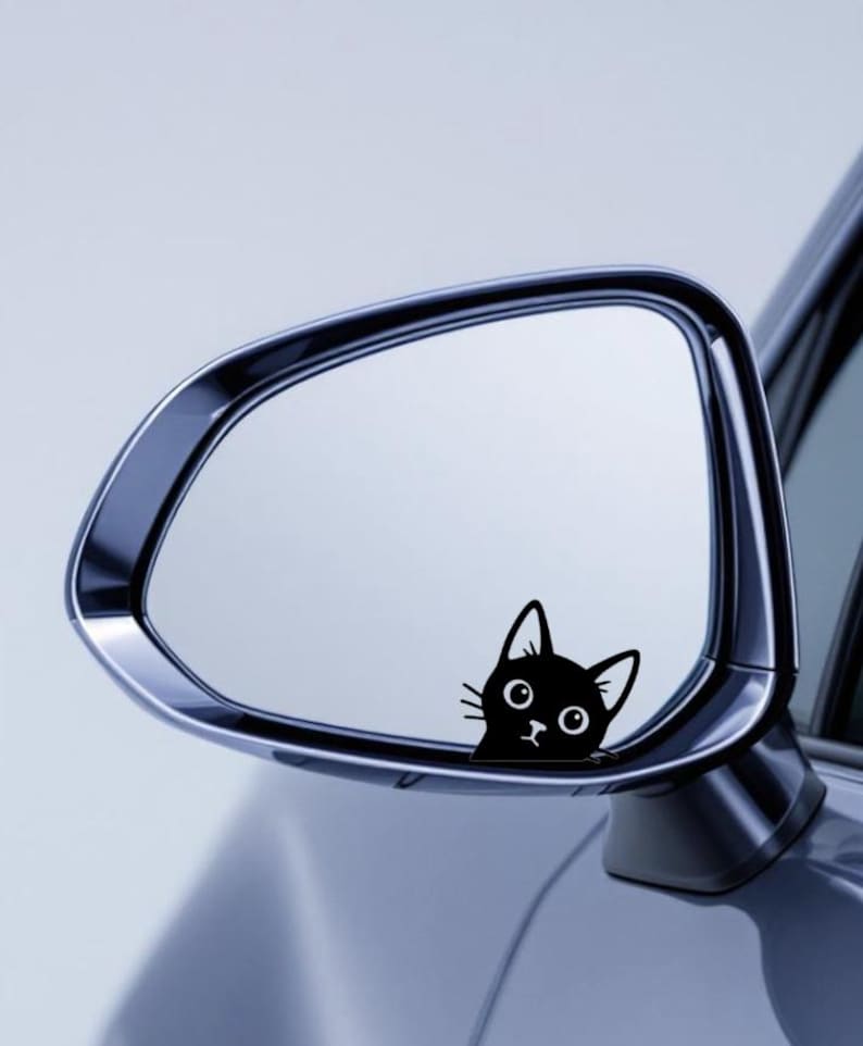 Puede incluir: Una pegatina de gato negro en el espejo lateral de un coche. El gato tiene ojos grandes y una expresi&oacute;n de sorpresa. El espejo es cromado y refleja el cielo. El coche es de color azul claro.