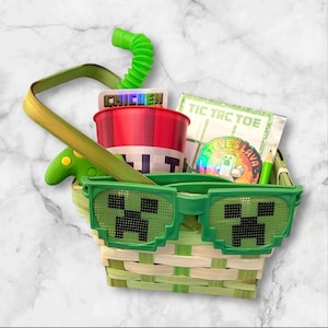 Creeper Mine themed craft gift basket - pixel gamer themed, Steves lava chicken, TNT,