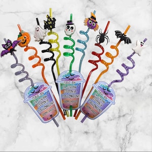 May include: A collection of Halloween-themed drinking straws with decorative toppers. The toppers include a pumpkin, ghost, bat, haunted house, skull, witch, and spider. Each straw is a different color and has a matching cup-shaped tag that reads "Have an Ex-Straw Spooky Halloween! From Kristi!"