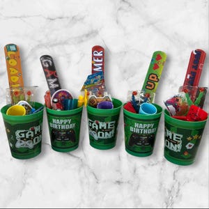Gamer Favor Cups -FILLED with goodies!!! Gamer themed party favors, 12 oz plastic cups