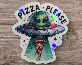 Retro Alien Holographic Sticker: Funny Sci-Fi UFO Design