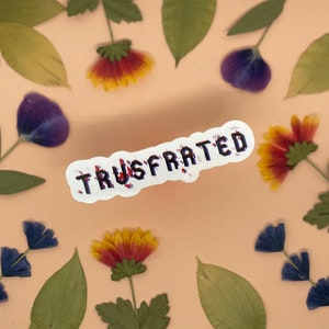 Pode incluir: Um adesivo branco com a palavra "TRUSTFRATED" em letras pixeladas vermelhas e azuis. O adesivo está colocado sobre um fundo pêssego claro com flores secas.
