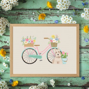 Spring Bike Scottie Cross Stitch Pattern { florals bike terrier pdf pattern } PDF INSTANT DOWNLOAD