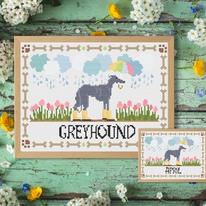 May include: Cross-stitch artwork depicting a greyhound wearing yellow wellington boots, sheltering under a rainbow umbrella in the rain. The word "GREYHOUND" is below the dog. A smaller version says "APRIL". The artwork is framed, surrounded by flowers.