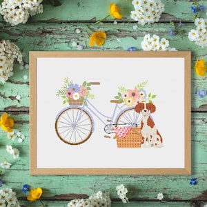 Spring Bike Ride Brittany Spaniel Cross Stitch Pattern { brittany dog floral basket bike cross-stitch } PDF INSTANT DOWNLOAD