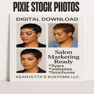 May include: A digital download advertisement featuring three headshot images of a woman with short, wavy hairstyles. The text includes "PIXIE STOCK PHOTOS," "DIGITAL DOWNLOAD," and "Salon Marketing Ready" with bullet points for flyers, websites, and brochures.