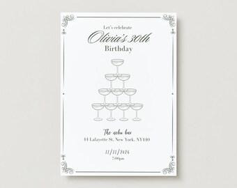 Champagne tower Birthday Invitation - Old money birthday Invitation Canva Template | Self-Editable Template | Digital File Only