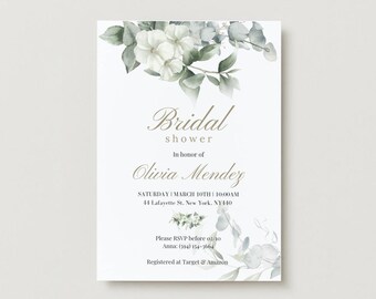 Eucalyptus green Bridal Shower Invitation card - Canva Template easy to edit! For printing or digital