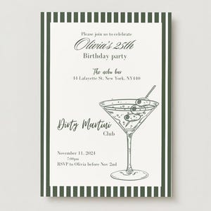 Cartão de convite de aniversário Dirty Martini - Cartão de convite verde, convite de dinheiro antigo Modelo Canva fácil de editar! Para impressão ou digital