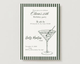 Dirty Martini Birthday Invitation card - Green invitation card, old money invitation Canva Template easy to edit! For printing or digital