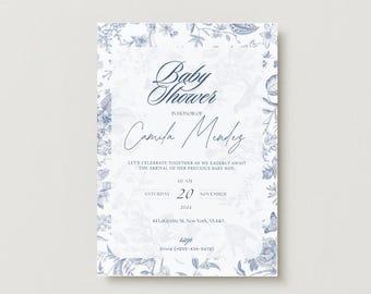 Blue flower, fairy Baby Shower Invitation card - Canva Template easy to edit! For printing or digital