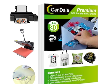 CenDale DTF Transfer Film, 30 Sheets Double-Sided Matte Clear PreTreat Sheets- PET Heat Transfer Paper for Direct Print on T-Shirts Textile