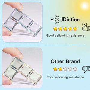 May include: Two images comparing the yellowing resistance of two different brands of clear glass blocks. The top image shows a clear glass block with the text "JDiction" and five stars. The bottom image shows a clear glass block with the text "Other Brand" and three stars.