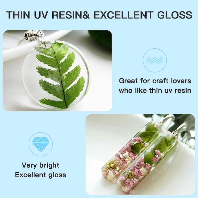May include: Two pairs of earrings made with clear UV resin and pressed flowers. The earrings are thin and have a very bright, excellent gloss finish.  The text "THIN UV RESIN & EXCELLENT GLOSS" is at the top of the image.