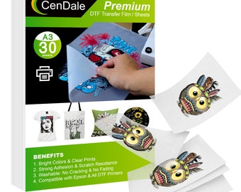 CenDale DTF Pellicola Di Trasferimento A3 (29,7x41,9 Cm) - 60 Fogli Pretrattati Opachi Fronte/retro - Per Stampa Diretta DTF Su Tessuti (cotone, Poliestere)