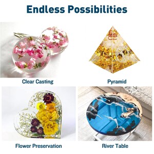 May include: Endless Possibilities: Four examples of resin art projects. A pair of clear resin earrings with pink flowers, a gold resin pyramid, a heart-shaped resin piece with yellow and purple flowers, and a blue resin river table.