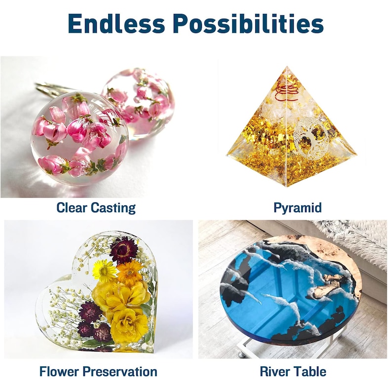 May include: Endless Possibilities: Four examples of resin art projects. A pair of clear resin earrings with pink flowers, a gold resin pyramid, a heart-shaped resin piece with yellow and purple flowers, and a blue resin river table.