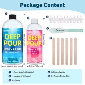 May include: Package contents for a deep pour epoxy resin kit. Includes two bottles of resin, one 34oz and one 17oz, 10 gloves, a silicone spatula, and six wooden stirring sticks.