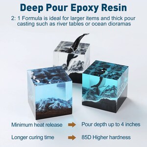 May include: Three clear resin cubes with different ocean scenes inside. The cubes are about 4 inches tall. The text on the image reads "Deep Pour Epoxy Resin 2:1 Formula is ideal for larger items and thick pour casting such as river tables or ocean dioramas. Minimum heat release. Longer curing time. Pour depth up to 4 inches. 85D Higher hardness."