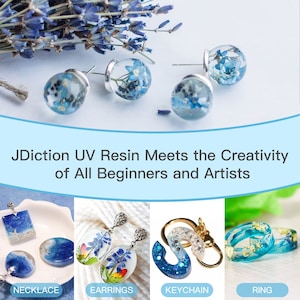 May include: A variety of resin jewelry pieces, including a necklace, earrings, keychain, and ring. The jewelry features blue and white resin with embedded flowers and glitter. The text "JDiction UV Resin Meets the Creativity of All Beginners and Artists" is displayed at the top of the image.