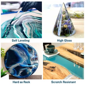 May include: Four images showcasing the benefits of using epoxy resin. The first image shows a person using a tool to spread epoxy resin on a blue, green, and white abstract painting. The second image shows a clear glass cone filled with dried flowers and greenery. The third image shows a round blue, white, and silver abstract painting. The fourth image shows a wooden table with a turquoise epoxy resin river.