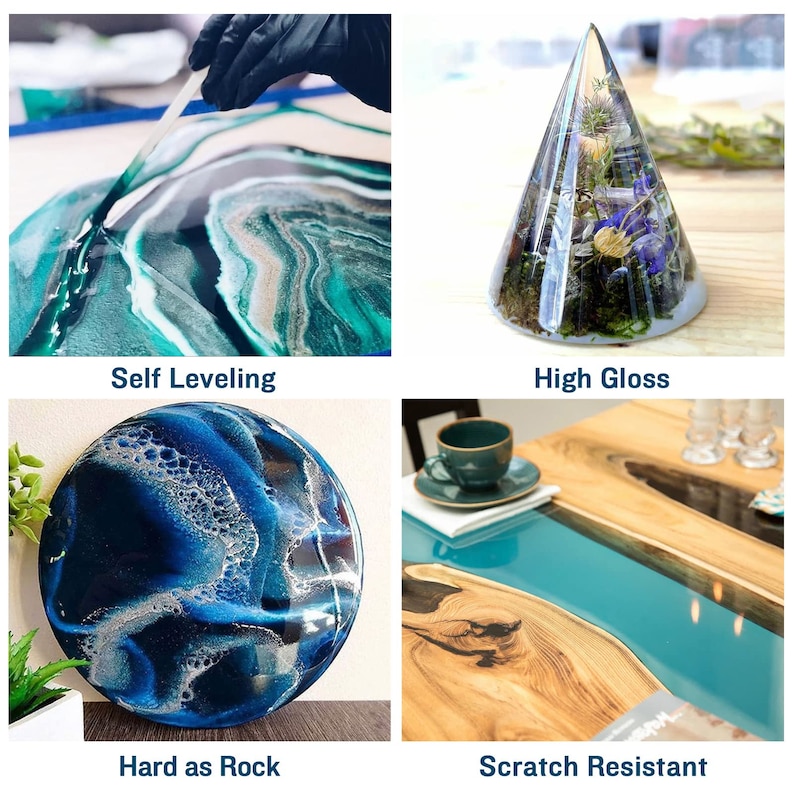 May include: Four images showcasing the benefits of using epoxy resin. The first image shows a person using a tool to spread epoxy resin on a blue, green, and white abstract painting. The second image shows a clear glass cone filled with dried flowers and greenery. The third image shows a round blue, white, and silver abstract painting. The fourth image shows a wooden table with a turquoise epoxy resin river.