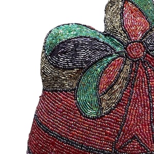 Vintage Beaded Ornament Shaped Accent Pillow . Red satin backed