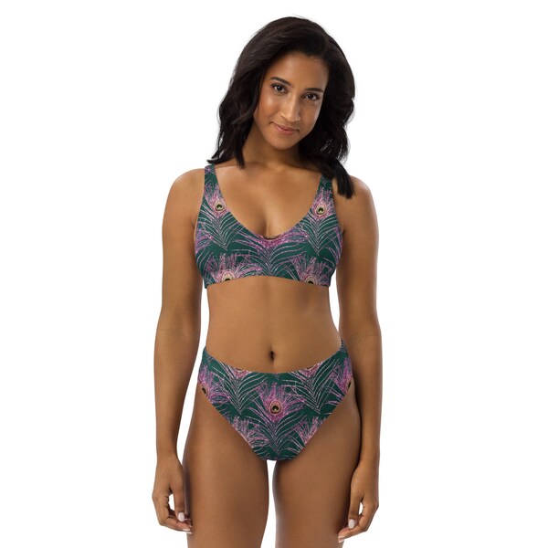 Recycled Peacock Print High-Waisted Bikini, Beautiful Peacock Feather Pattern Gives the Illusion of Glitter, Jewel Tones, Two-Piece Swimsuit