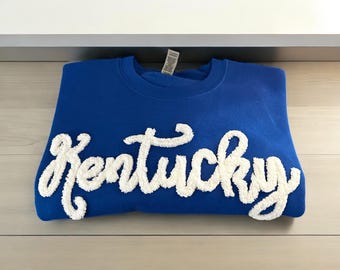Embroidered Chenille yarn sweatshirt, Kentucky, state names, personalized names, fuzzy letters, embroidery, team spirit, school spirit
