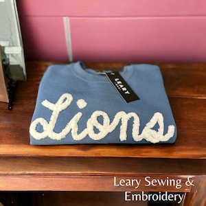 Lions chenille yarn embroidery sweatshirt, team spirit, school spirit, crewneck sweatshirt, Lions sweatshirt, custom made, cheer mom, fuzzy