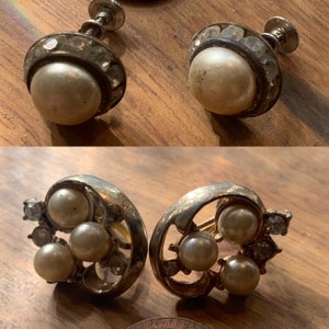 2 Pair Vintage Screw Back Earrings Pearl and Rhinestone  Free Shipping