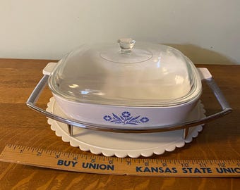 Vintage Corning Ware P-10-B 10-inch Casserole  With Lid Blue Cornflower With Trivet/Holder Free Shipping