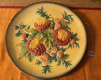 1950s Bossons Chrysanthemums Chalkware Plate - Hand Painted 13”