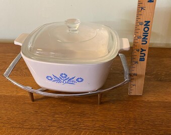 1 3/4 Quart Corning Ware Casserole Dish Blue Cornflower Pattern With Glass Lid and Metal Holder/Stand  Free Shipping
