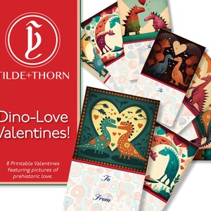 Dino-Liefde! Een verzameling afdrukbare Valentijnskaarten met cartoondinosaurussen.