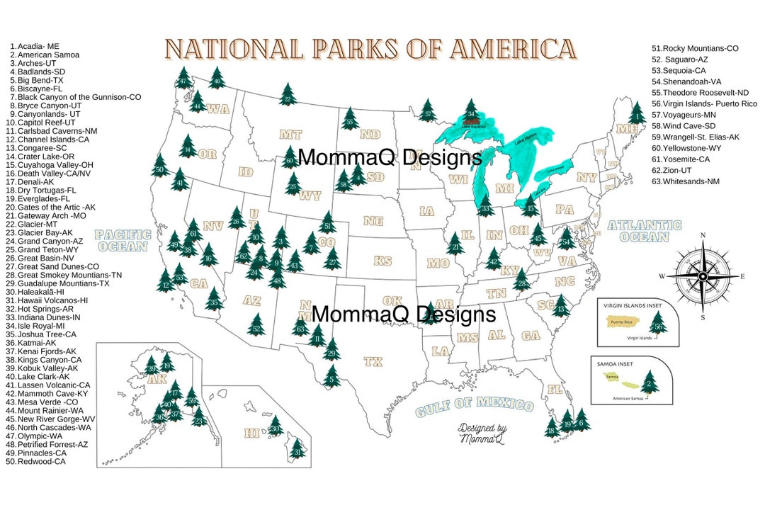 Poster Print - USA National Parks Map, All 63 Parks Labeled Perfect